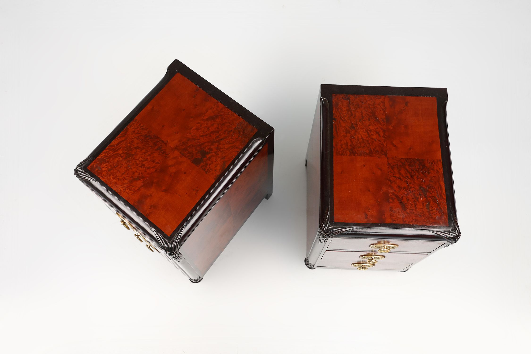 Pair of Art Deco nightstands in burl veneer, oak and copper, France ca. 1910thumbnail
